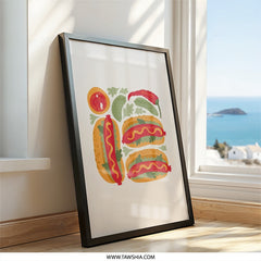 Hot Dog Wall Art, Kitchen Print, Foodie Gift, Restaurant Decor, Sausage Art, Culinary Poster, Funny Food Art, Hotdog Lover Gift - Tawshia
