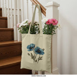 Blue Poppy Tote Bag, Floral Shopping Bag, Botanical Design, Unique Gift, Everyday Carry, Stylish Tote, Grocery Bag, Book Bag - Tawshia