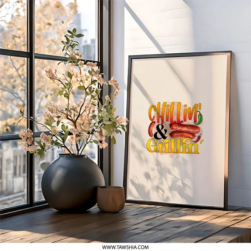 Chillin and Grillin Wall Art, Sausage Decor, Foodie Gift, Kitchen Print, BBQ Art, Home Decor, Funny Wall Art - Tawshia