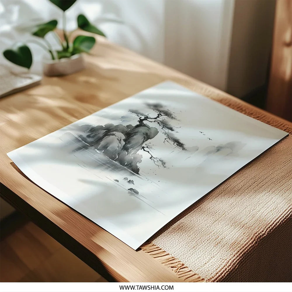 Ink Wash Painting Photographic Print, Sumi e Art Print, Zen Landscape Print, Asian Art, Japanese Decor, Minimalist Art, Nature Print - Tawshia