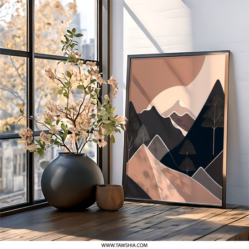 Abstract Mountain Wall Art, Geometric Landscape Print, Modern Nature Scenery, Neutral Color Palette, Home Decor - Tawshia