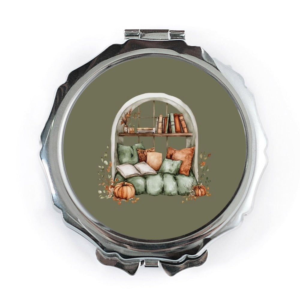 Cozy Reading Nook Pocket Mirror, Autumnal Bookshelf Mirror, Fall Decor, Gift for Book Lovers, Window Seat Pocket Mirror - Tawshia