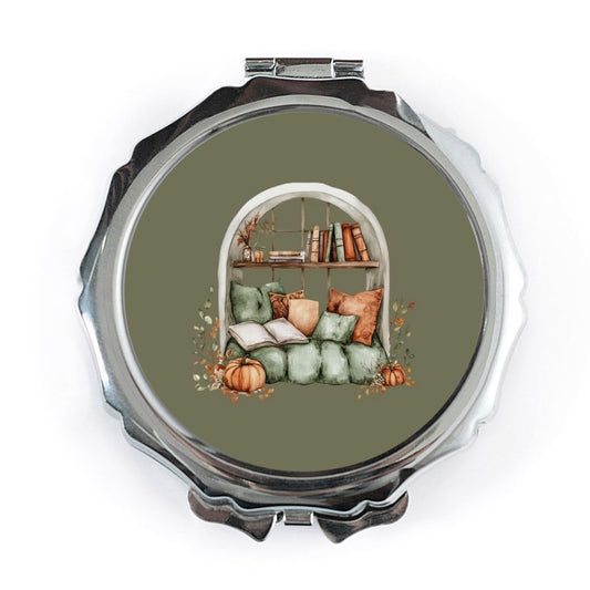 Cozy Reading Nook Pocket Mirror, Autumnal Bookshelf Mirror, Fall Decor, Gift for Book Lovers, Window Seat Pocket Mirror - Tawshia