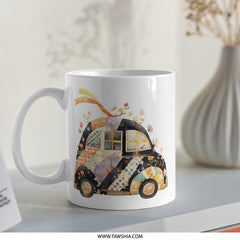Whimsical Patchwork Car Mug, Cute Vehicle Lover Gift, Unique Novelty Coffee Mug, Floral Automotive Design - Tawshia