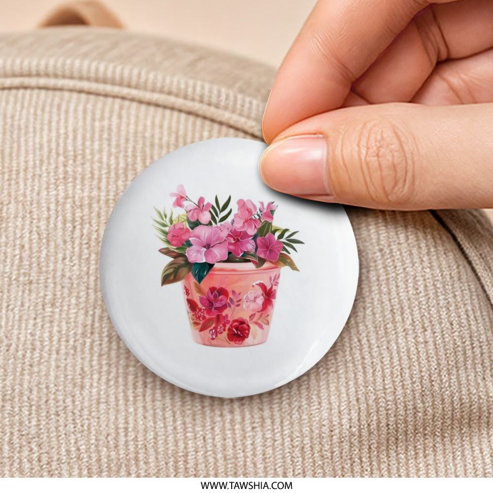 Floral Pinback Button, Pink Flowers, Botanical, Flower Pot, Garden, Cute Button, Trendy Accessories, Plant Lover Gift, Unique Pin, Aesthetic - Tawshia