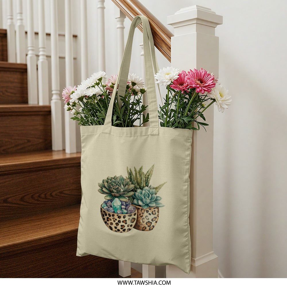Succulent Tote Bag, Leopard Planter Bag, Crystal Accent Tote, Plant Lover Gift, Unique Design Tote, Stylish Everyday Bag - Tawshia