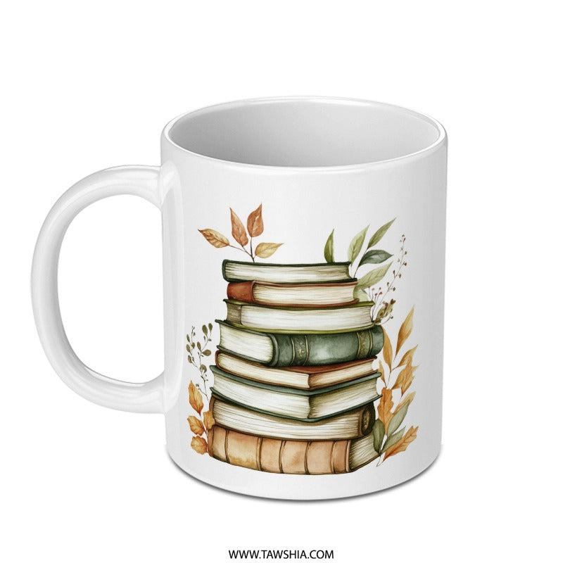 Book Lover Mug, Stack of Books with Leaves, Literary Gift, Autumn Books Mug, Cozy Reading Mug, Bookish Gift, Tea Mug, Coffee Mug - Tawshia