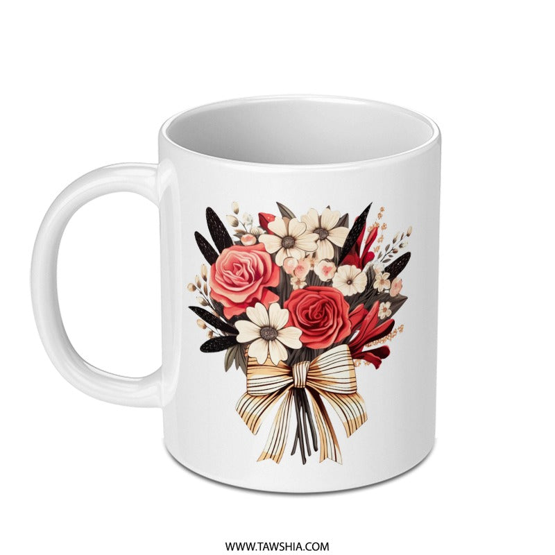 Floral Bouquet Mug, Roses and Ribbon Coffee Mug, Flower Lover Gift, Elegant Drinkware, Unique Design, Decorative Mug (139 characters) - Tawshia