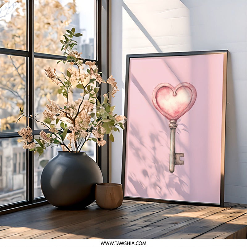 Heart Key Wall Art, Pink Room Decor, Love Key Illustration, Romantic Wall Decor, Cute Key Print, Valentine's Day Gift - Tawshia