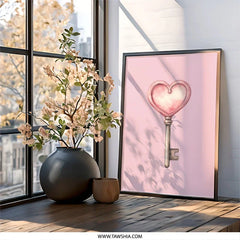 Heart Key Wall Art, Pink Room Decor, Love Key Illustration, Romantic Wall Decor, Cute Key Print, Valentine's Day Gift - Tawshia