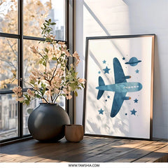 Airplane Wall Art, Kids Room Decor, Nursery Art Print, Space Theme Art, Blue Airplane, Childrens Room, Wall Decor, Aviation Wall Art - Tawshia