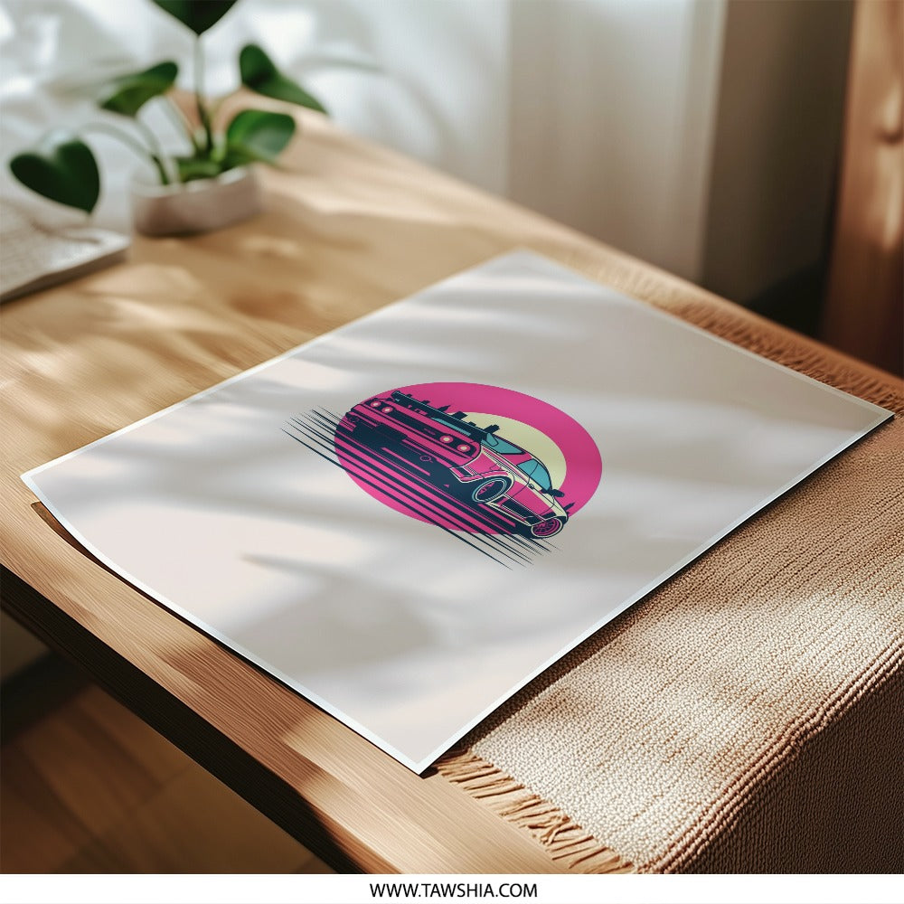 Retro Car Photographic Prints, Pink and Teal Car Poster, JDM Car Art, Automotive Decor, Synthwave Style, Gift for Car Enthusiast - Tawshia