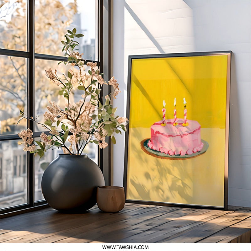 Pink Birthday Cake Wall Art, Celebration Decor, Whimsical Painting, Food Art Print, Kitchen Wall Decor, Party Illustration, Dessert Wall - Tawshia