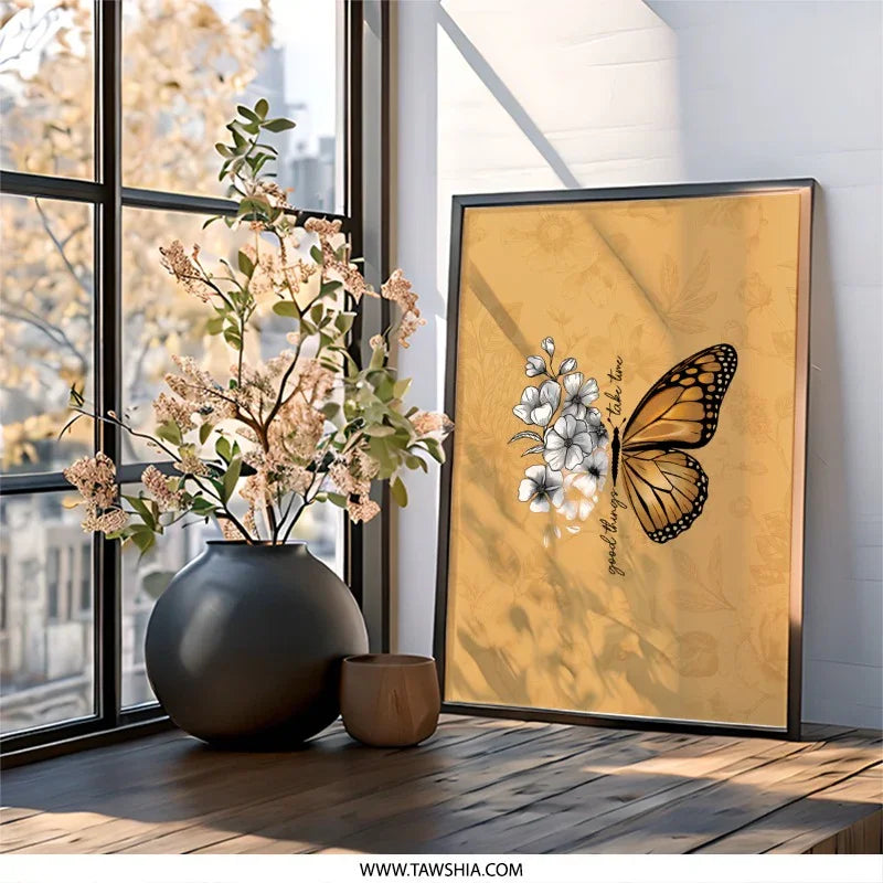 Butterfly Framed Wall Art, Inspirational Quote Print, Floral Wall Decor, Monarch Butterfly Art, Nature Inspired Artwork, Home Decor - Tawshia