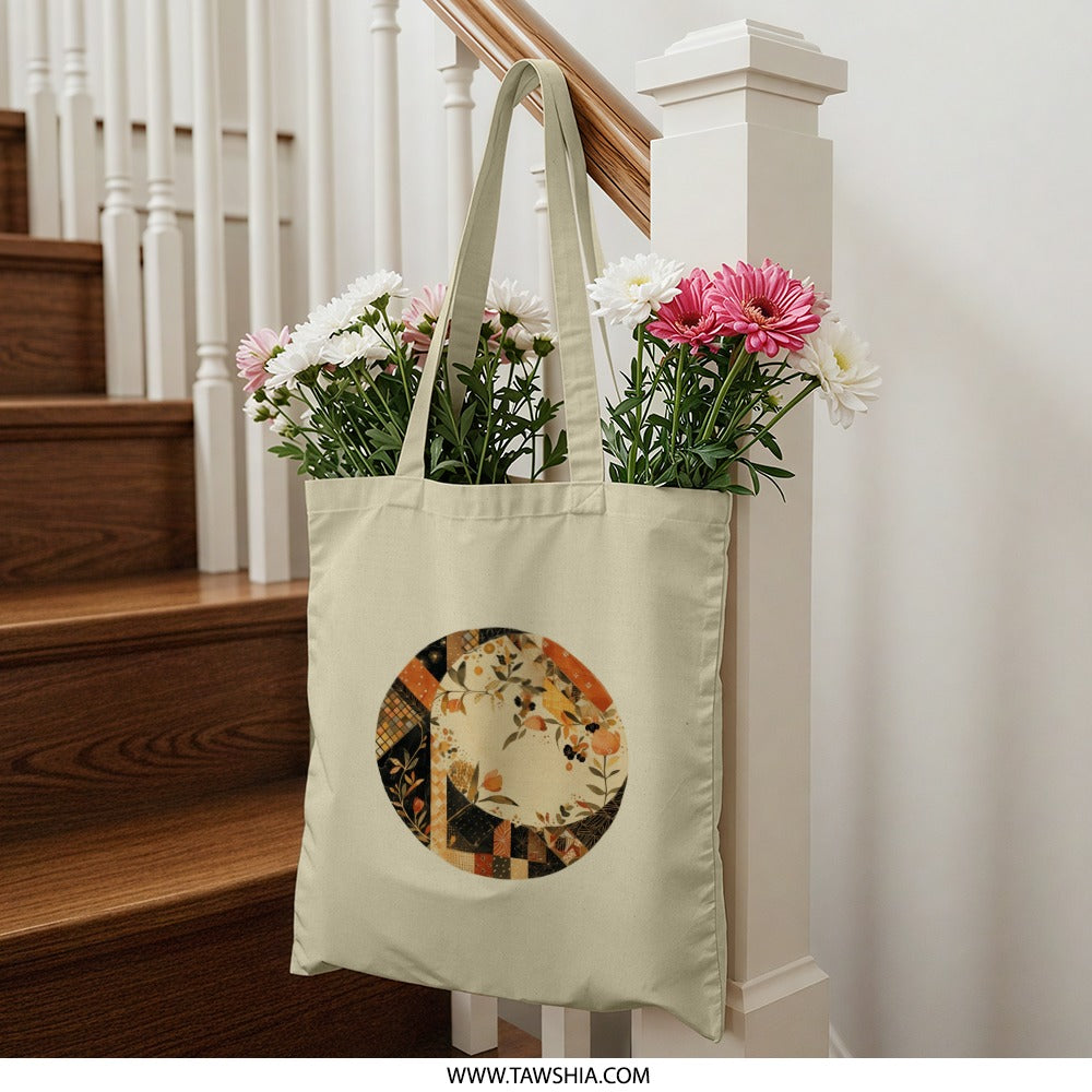 Floral Circle Tote Bag, Abstract Pattern Tote, Unique Design Bag, Everyday Carry Tote, Stylish Shopping Bag, Artsy Tote Bags - Tawshia