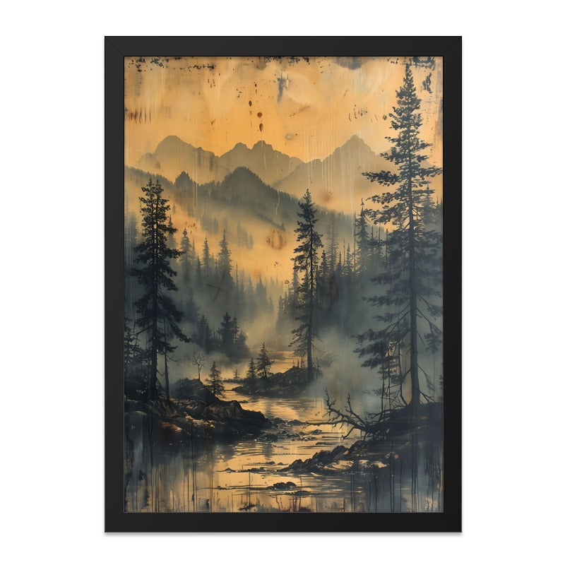 Misty Mountain Wall Art, Forest Landscape Print, River Scene Artwork, Pine Tree Painting, Nature Lover Decor, Framed Wall Art - Tawshia