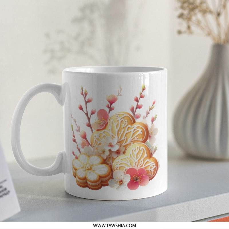 Floral Cookies Mug, Heart Cookies, Spring Flowers, Unique Gift, Coffee Cup, Tea Mug, Cute Mug, Gift for Baker, Baking Lover, Gift for Her - Tawshia
