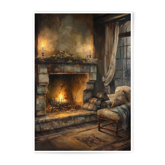 Cozy Fireplace Photographic Print, Warm Home Decor, Cabin Art, Rustic Wall Decor, Living Room Art, Fireplace Painting, Art Print - Tawshia