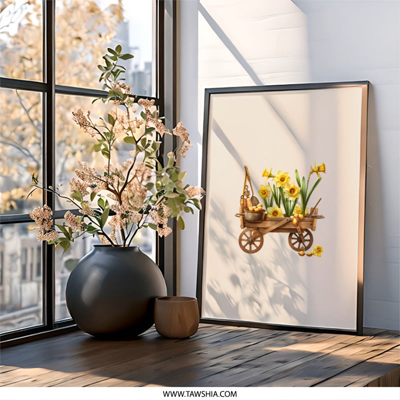 Daffodil Wall Art, Flower Cart Print, Spring Decor, Garden Tools, Botanical Illustration, Rustic Wall Decor, Floral Art, Gift for Gardener - Tawshia