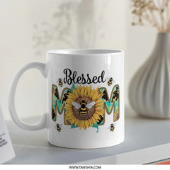 Blessed Mom Mug, Sunflower Mug, Bee Mug, Mothers Day Gift, Gift For Mom, Floral Mug, Novelty Mug, Coffee Mug, Tea Mug, Gift Idea - Tawshia
