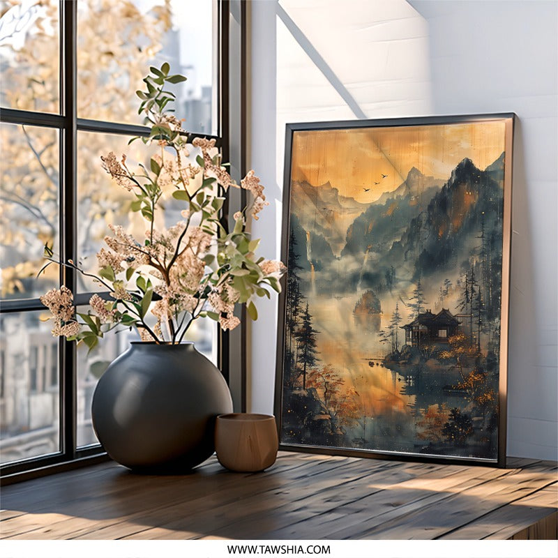 Japanese Landscape Wall Art, Oriental Zen Art, Mountain Lake Print, Asian Home Decor, Nature Inspired Artwork, Housewarming Gift Idea - Tawshia