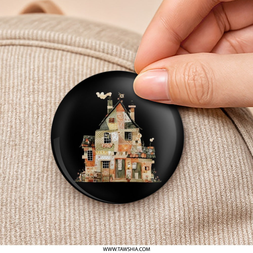 Quilted House Pinback Button, Whimsical Home Button, Colorful Patchwork House Badge, Cozy Home Art Button, Cute Unique Buttons - Tawshia