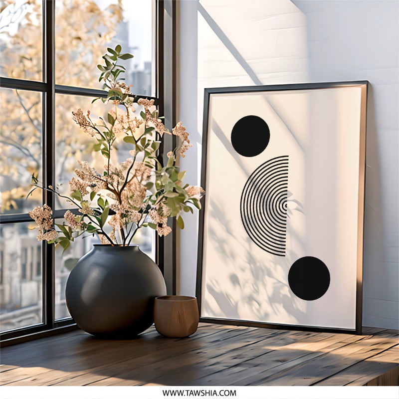 Minimalist Geometric Wall Art, Circle Line Art Print, Abstract Wall Decor, Modern Art Poster, Simple Home Decor, Black and Beige Art - Tawshia