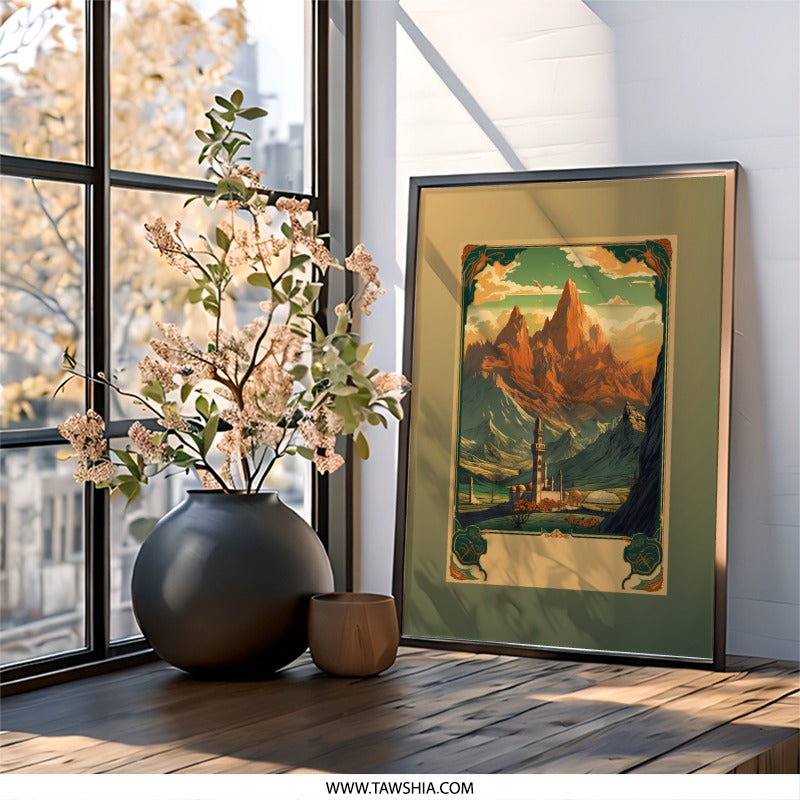 Mountain Landscape Wall Art, Mosque Art Print, Middle Eastern Decor, Architectural Scenery, Framed Artwork, Oriental Design, Home Decor - Tawshia