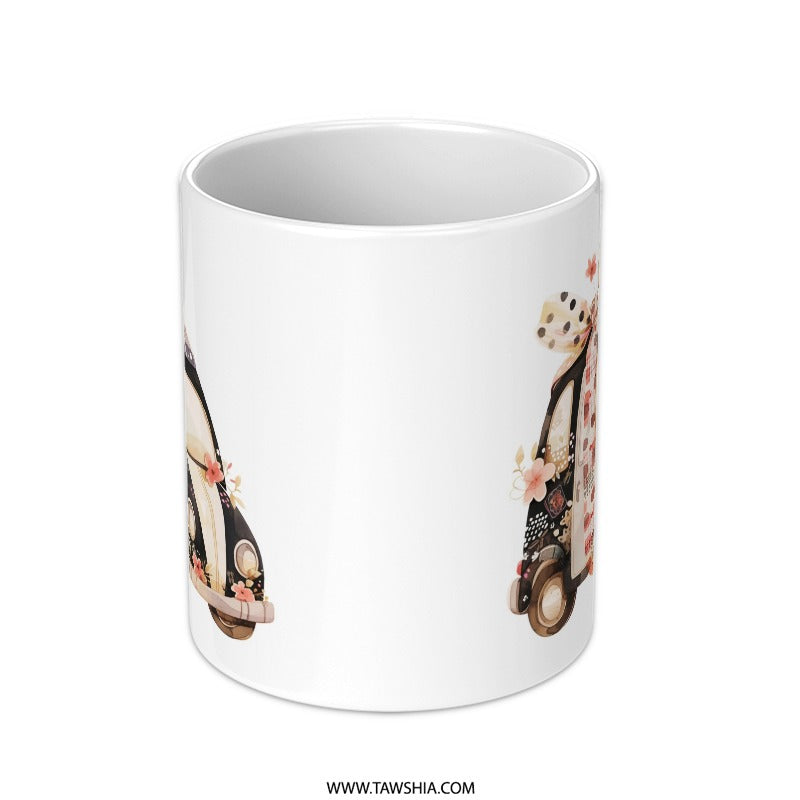 Cute Car Mug, Decorated Car, Floral Car, Unique Coffee Mug, Quirky Mugs, Gift Mug, Novelty Drinkware, Car Lover Mug - Tawshia