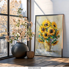 Sunflower Wall Art, Floral Painting Print, Still Life Artwork, Impasto Style, Botanical Home Decor, Bright and Cheerful Design - Tawshia