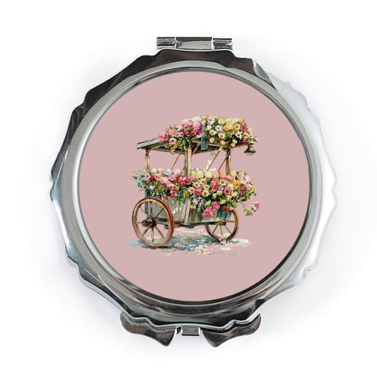 Floral Cart Pocket Mirror, Vintage Style, Flower Market Design, Compact Mirror, Elegant Gift, Everyday Carry, Makeup Touch Up - Tawshia