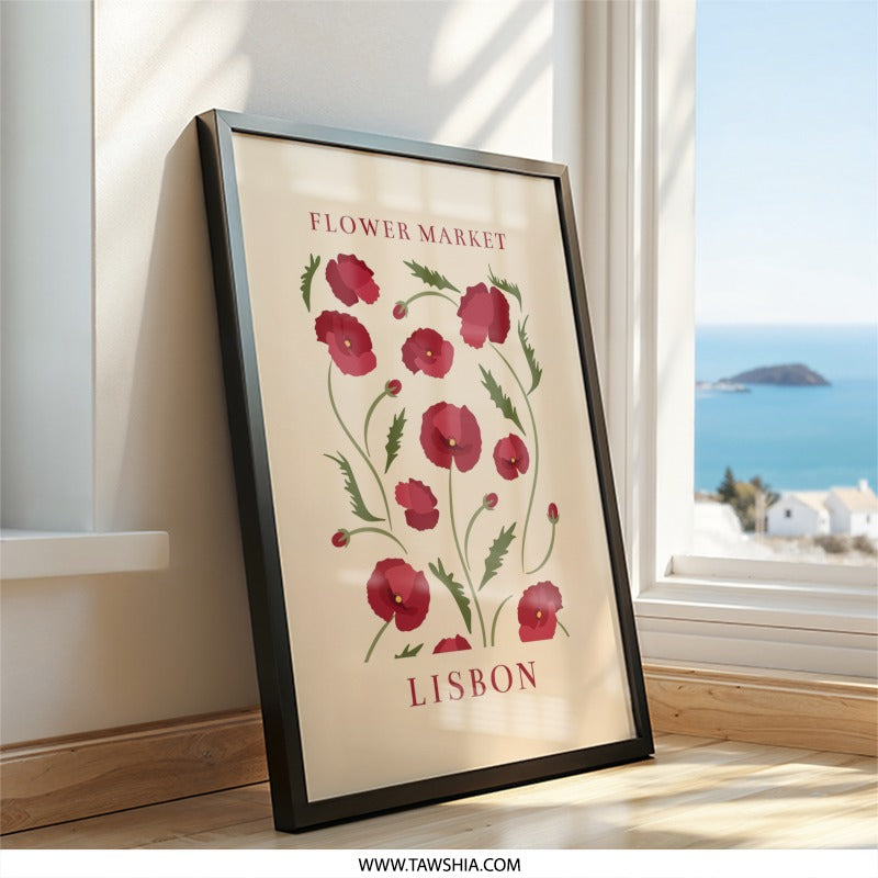 Flower Market Lisbon Wall Art, Poppy Flower Print, Floral Home Decor, Botanical Art, Lisbon Decor, Red Flowers Wall Decor - Tawshia