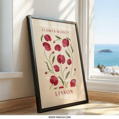 Flower Market Lisbon Wall Art, Poppy Flower Print, Floral Home Decor, Botanical Art, Lisbon Decor, Red Flowers Wall Decor - Tawshia