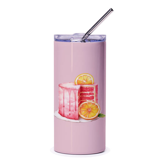 Cake Design Tumbler, Watercolor Cake, Orange Slices, Pink Tumbler, Unique Drinkware, Birthday Gift Idea, Dessert Lover Gift, Party Tumbler - Tawshia
