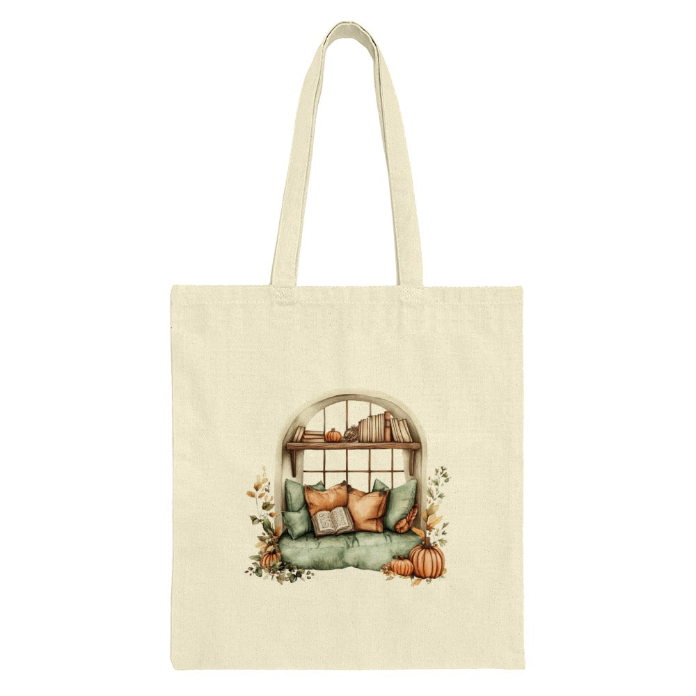 Autumn Window Seat Tote Bag, Book Lover Gift, Fall Pumpkins Design, Cozy Home Decor, Literary Tote, Bookish Gift, Aesthetic Tote Bag - Tawshia