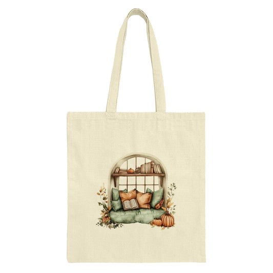Autumn Window Seat Tote Bag, Book Lover Gift, Fall Pumpkins Design, Cozy Home Decor, Literary Tote, Bookish Gift, Aesthetic Tote Bag - Tawshia