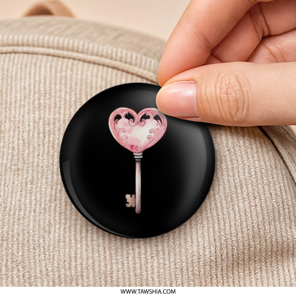 Heart Key Pinback Button, Watercolor Love Key Button, Romantic Gift Pin, Unique Heart Key Pinback Button, Heart Button, Key Button - Tawshia