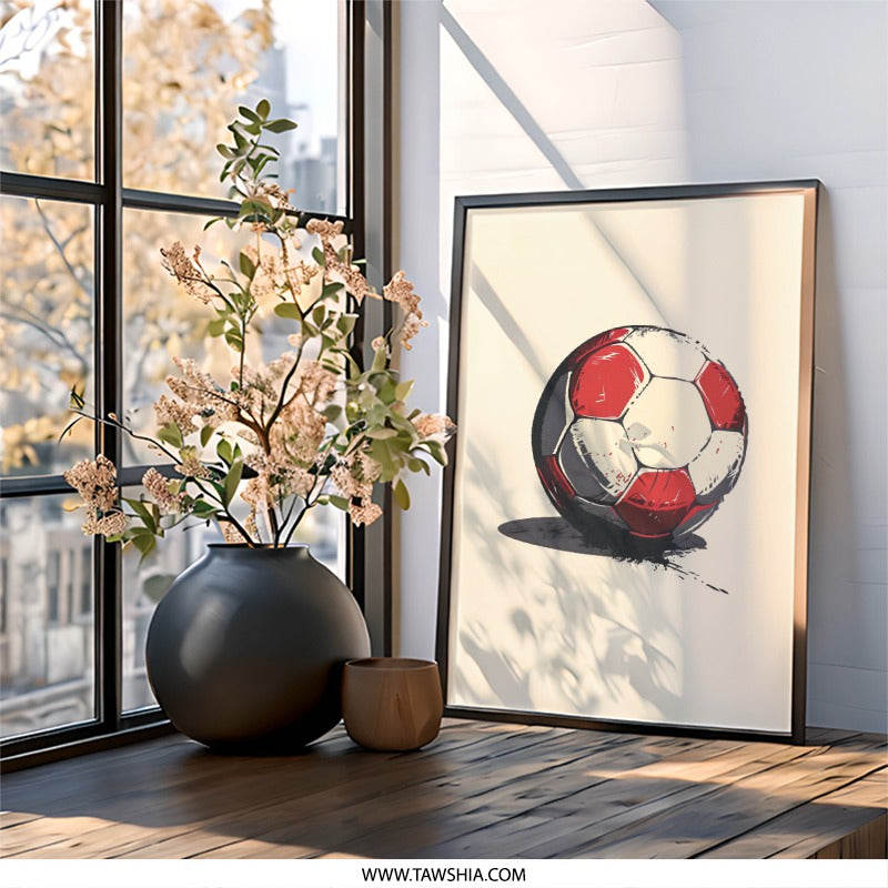 Soccer Ball Wall Art, Modern Sports Art, Football Print, Red and White Ball Decor, Game Room Decor, Kids Room Art, Framed Wall Art - Tawshia