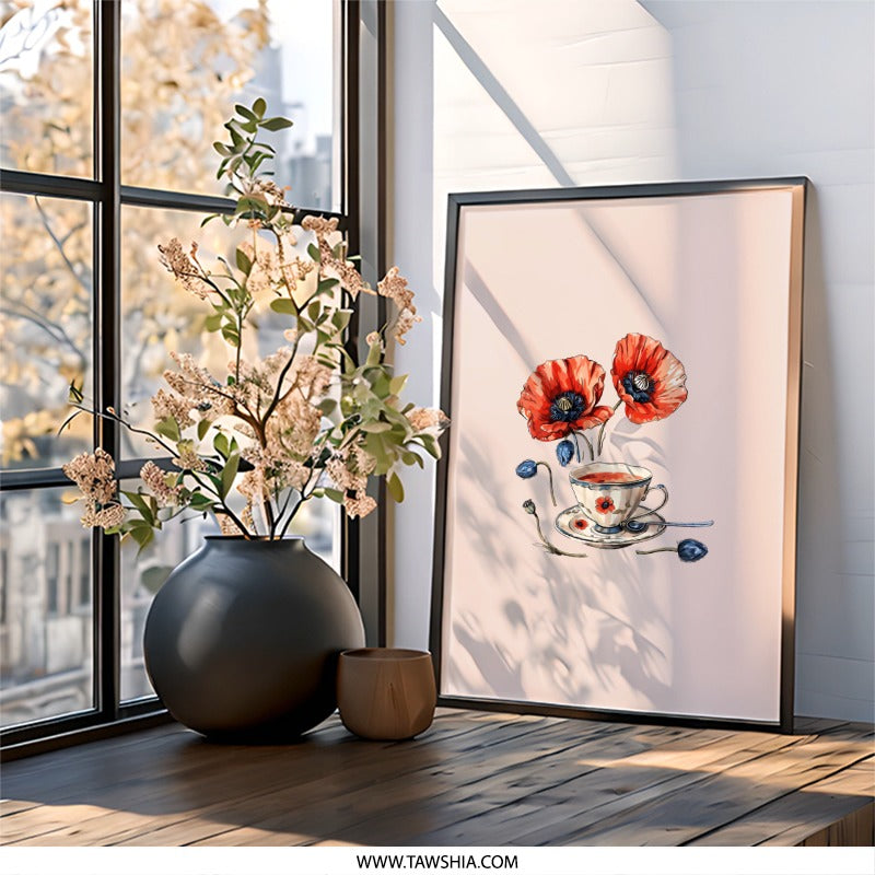 Red Poppy Tea Cup Framed Wall Art, Floral Kitchen Decor, Elegant Home Decor, Tea Lover Gift, Botanical Art Print, Flower Wall Decor - Tawshia