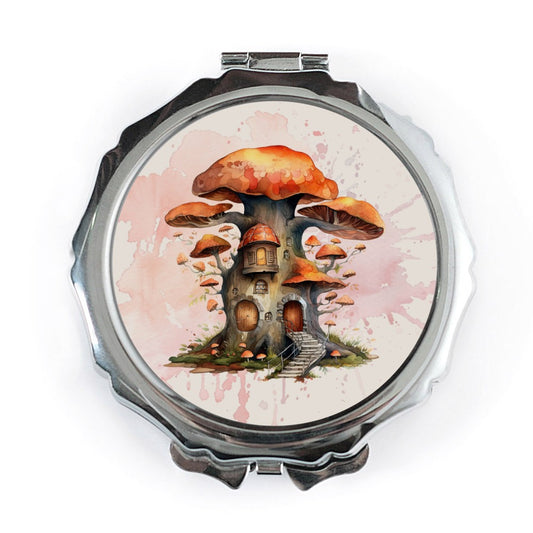 Mushroom House Mirror, Cottagecore Decor, Whimsical Gift, Watercolor Art Mirror, Fantasy Forest Compact Mirror, Unique Portable Mirror - Tawshia