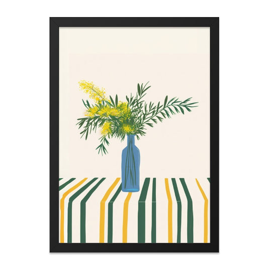 Mimosa Wall Art Print, Floral Still Life Art, Botanical Wall Decor, Yellow Flowers Art, Striped Tablecloth Print, Contemporary Art Print - Tawshia