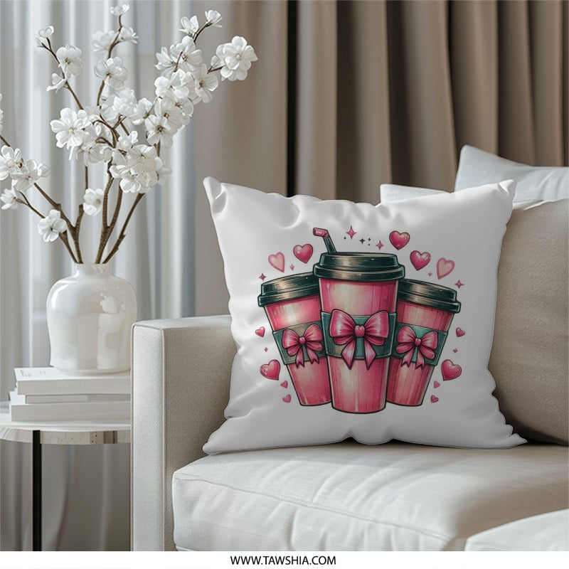 Coffee Love Pillow, Hearts Pillow, Pink Coffee Cup Pillow, Cute Coffee Art, Valentines Day Decor, Drink Lover Gift, Home Decor Pillow - Tawshia