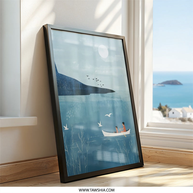 Father Son Rowing Wall Art, Boat Lake Scenery Print, Minimalist Water Landscape, Modern Home Decor, Nature Illustration Art - Tawshia