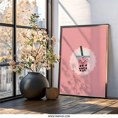 Cute Boba Tea Wall Art, Pink Kawaii Drink Poster, Minimalist Bubble Tea Print, Sweet Dessert Illustration, Modern Kitchen Decor - Tawshia