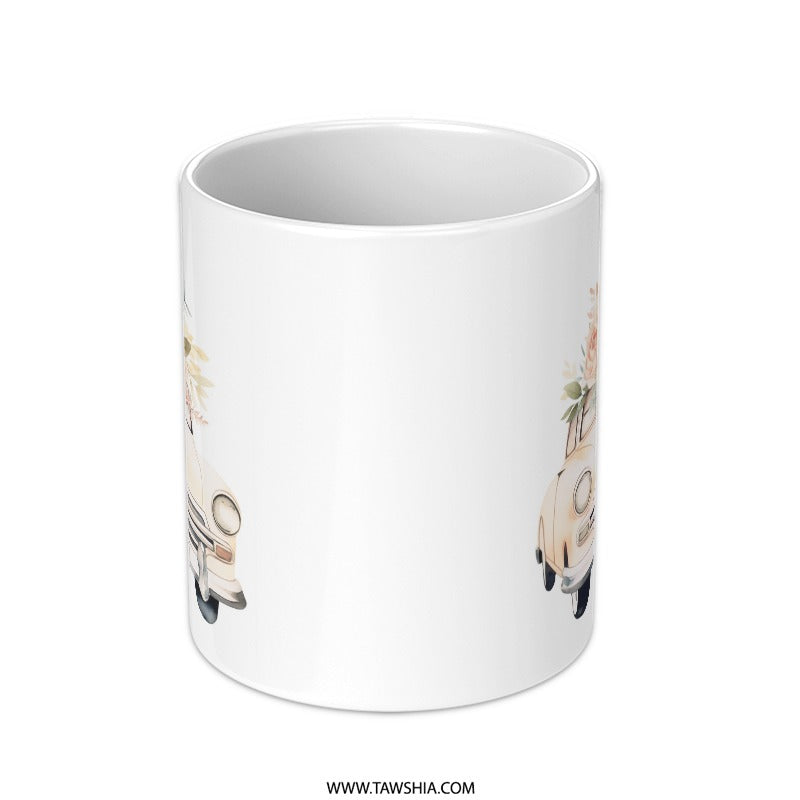 Floral Car Mug, Classic Car Design, Flower Bouquet Mug, Aesthetic Mug, Cute Coffee Mug, Unique Gift Idea, Vintage Car Lover Mug - Tawshia