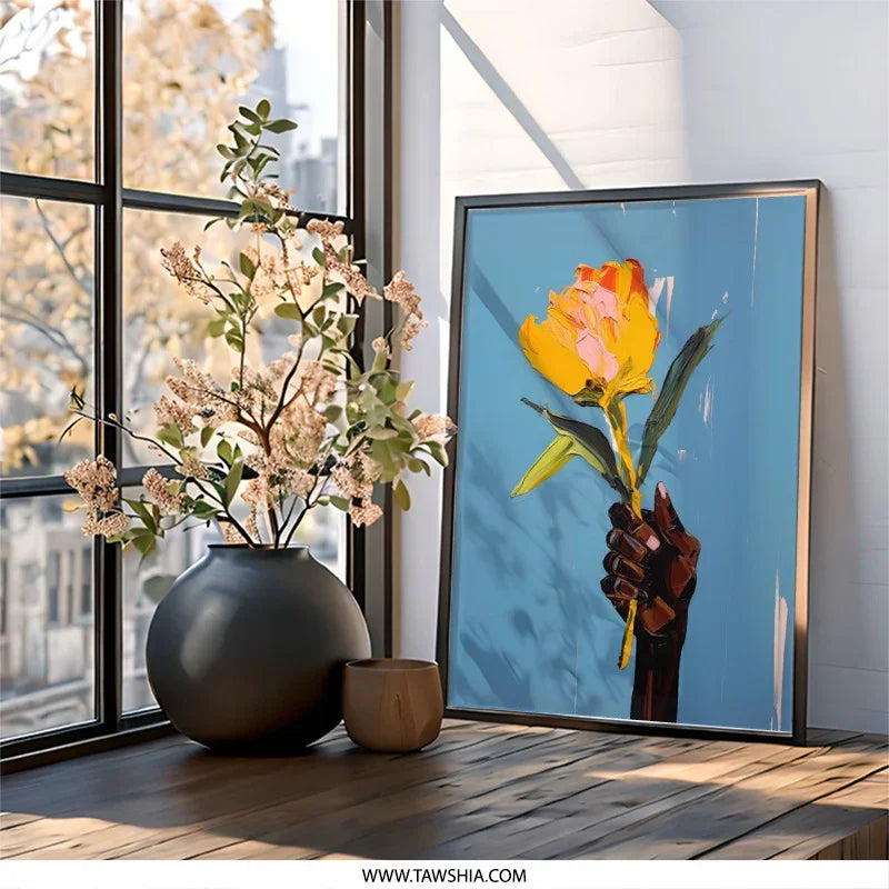 Yellow Flower Wall Art, Hand Holding Flower Print, Expressionist Art, Floral Wall Decor, Trendy Wall Art, Home Decor Art - Tawshia