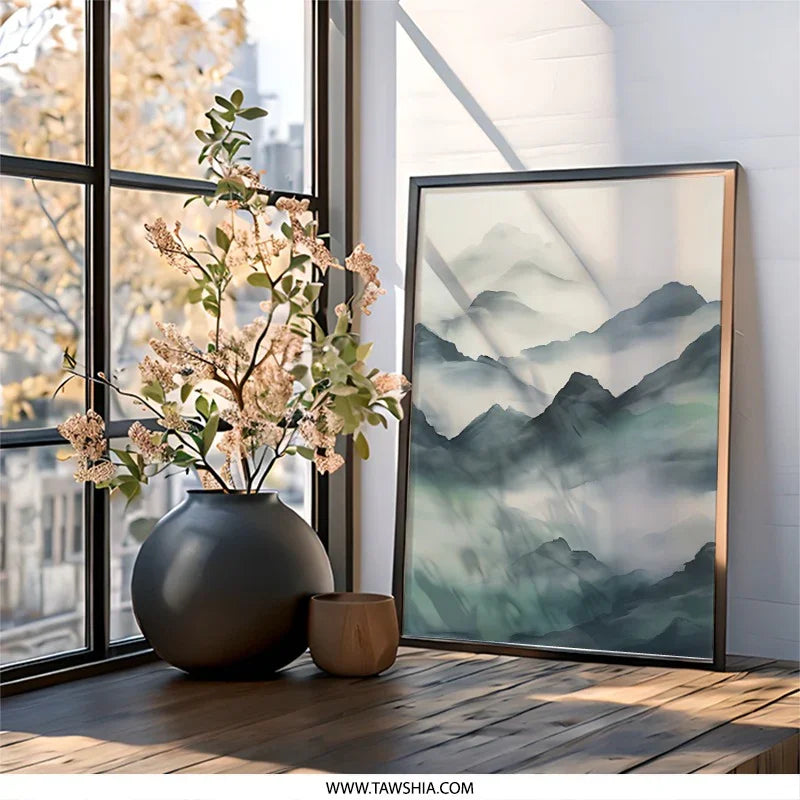 Misty Mountains Wall Art, Landscape Painting Print, Serene Mountain Range, Modern Home Decor, Nature Inspired Artwork - Tawshia