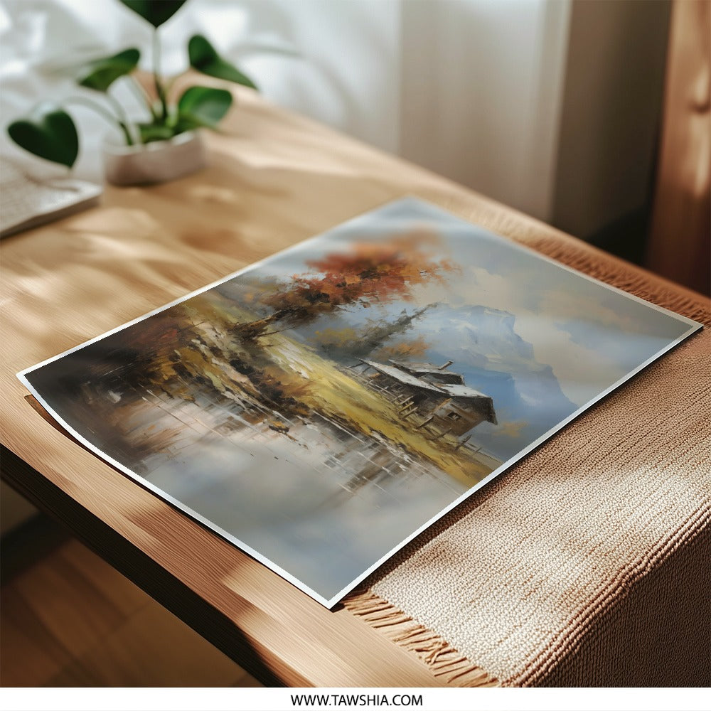 Cabin Photographic Print, Mountain Landscape Art Print, Autumn Photography, Rustic Home Decor, Nature Wall Art, Scenic Photo Prints - Tawshia