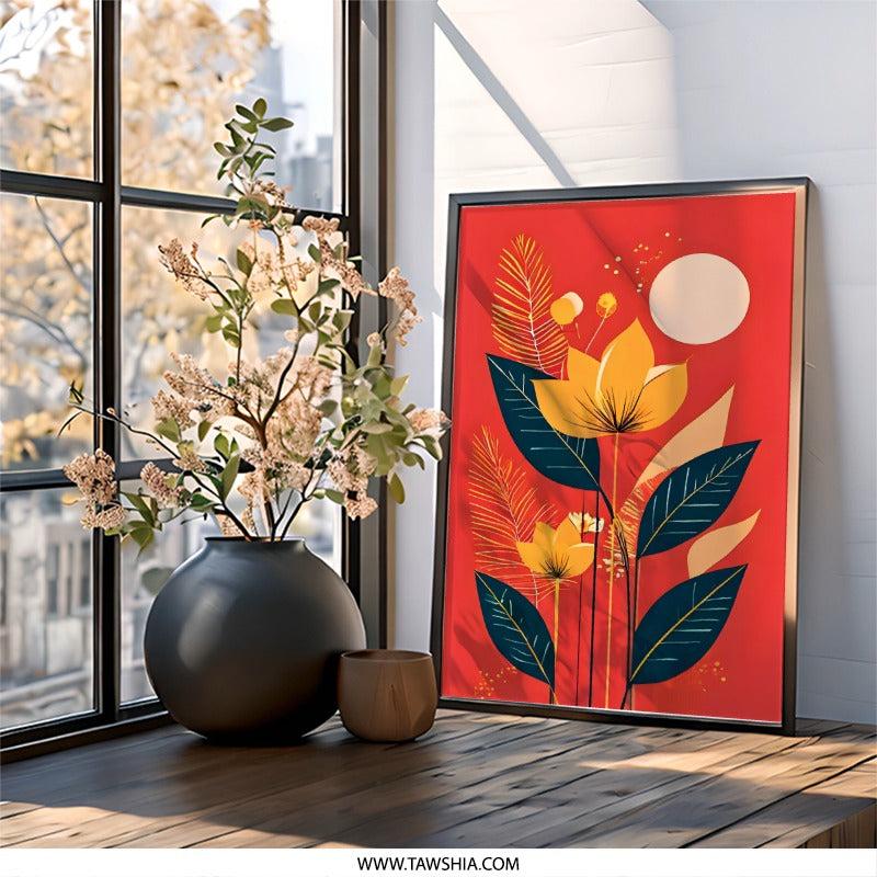Floral Wall Art Print, Botanical Illustration, Modern Flower Art, Retro Style Plant Decor, Tropical Leaf Art Print, Home Decor Wall Art - Tawshia