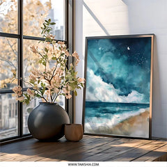 Coastal Night Wall Art, Beach Painting Print, Starry Sky Decor, Ocean Waves Artwork, Moon Wall Decor, Seascape Art Print - Tawshia